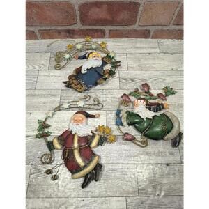 Home Interiors Metal Tin Vintage Flying Santa Christmas Ornaments Homco 3 Piece